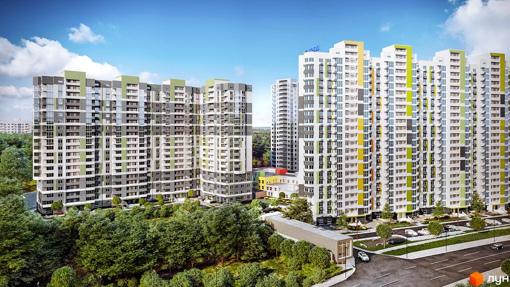 Житловий комплекс Голосіївська Долина: багатоповерхові будинки з яскравими фасадами та зеленою прибудинковою територією. Огляд новобудови.