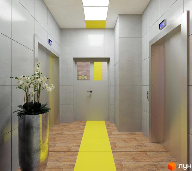 Житловий комплекс Голосіївська Долина. Хол з ліфтами, дверима та квітковою композицією. Підлогове покриття з дерев'яною текстурою та жовта доріжка.