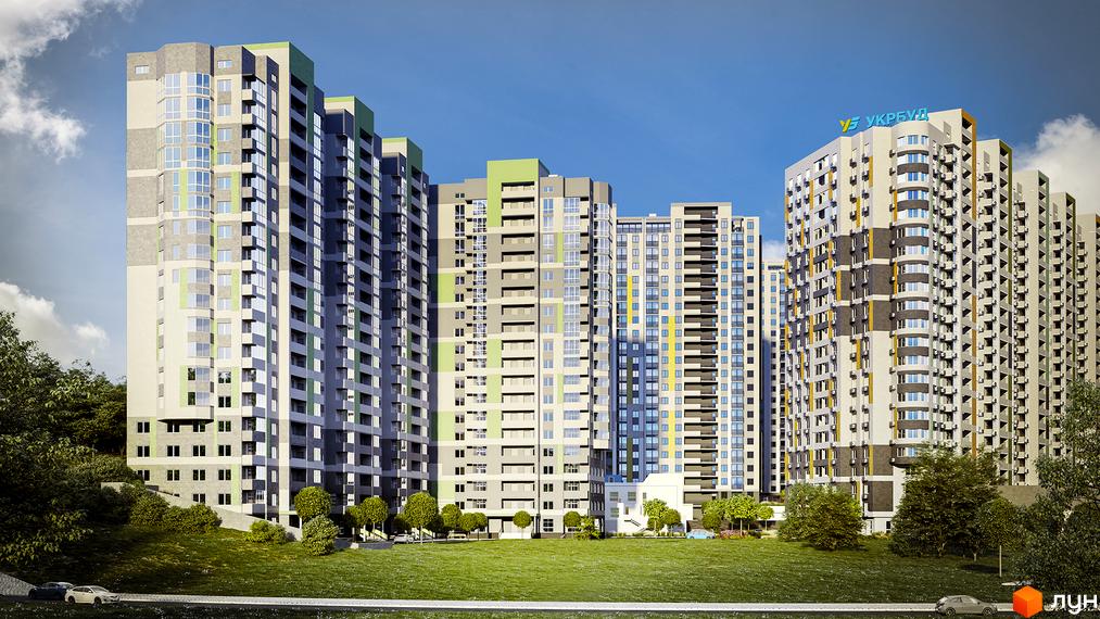 Зовнішній вигляд багатоповерхових будинків житлового комплексу Голосіївська Долина з зеленими та сірими фасадами. Навколо будинків розташований зелений газон та дерева.