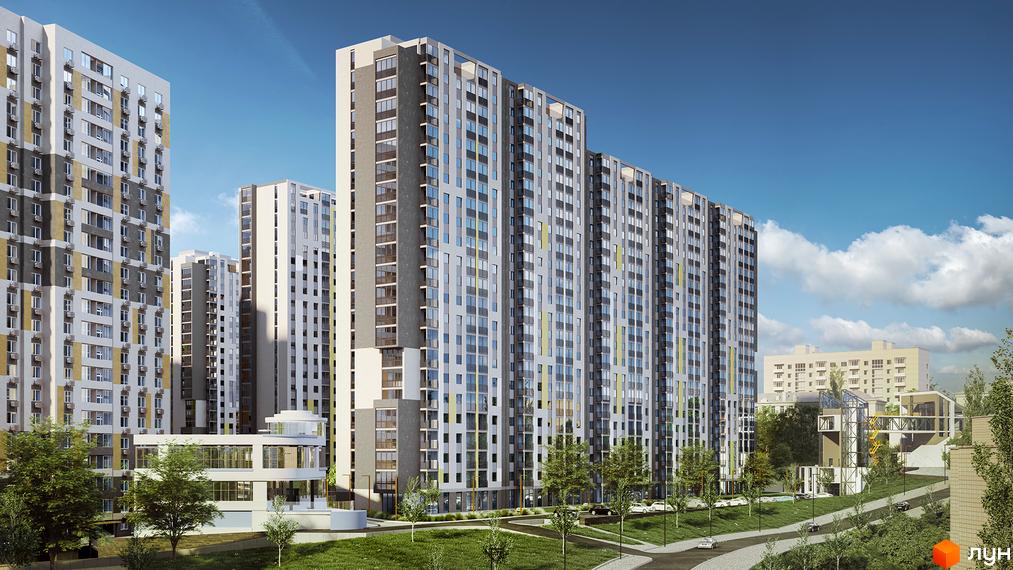 Житловий комплекс Голосіївська Долина - сучасна архітектура висотних будинків з панорамними вікнами та доглянутою прибудинковою територією з зеленими насадженнями.