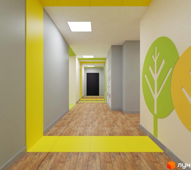 Дизайн коридору новобудови ЖК Голосіївська Долина з яскравими жовтими та зеленими акцентами та дерев'яною підлогою. Функціональний простір для мешканців.