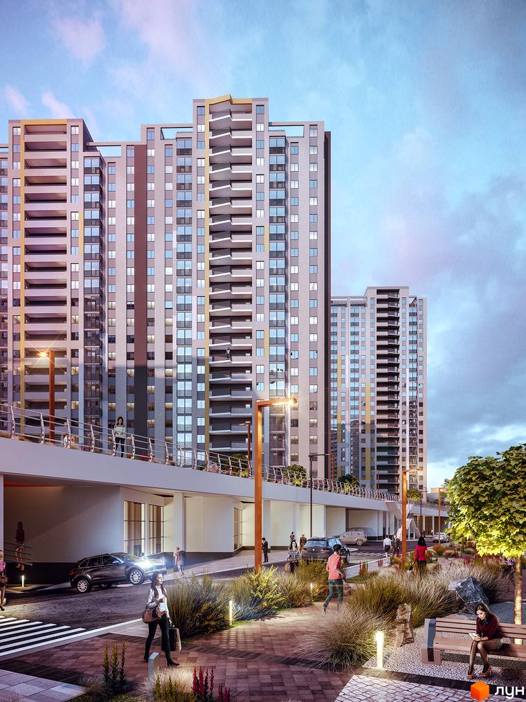 Житловий комплекс Голосіївська Долина: висотні будинки з балконами та склінням, облаштована прибудинкова територія з пішохідними зонами, лавками та освітленням.