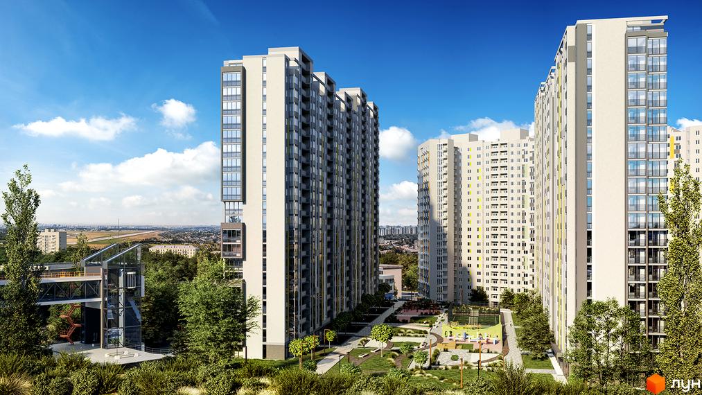 Житловий комплекс Голосіївська Долина з високими будинками та зеленою прибудинковою територією. На території комплексу є дитячі майданчики та зони відпочинку.