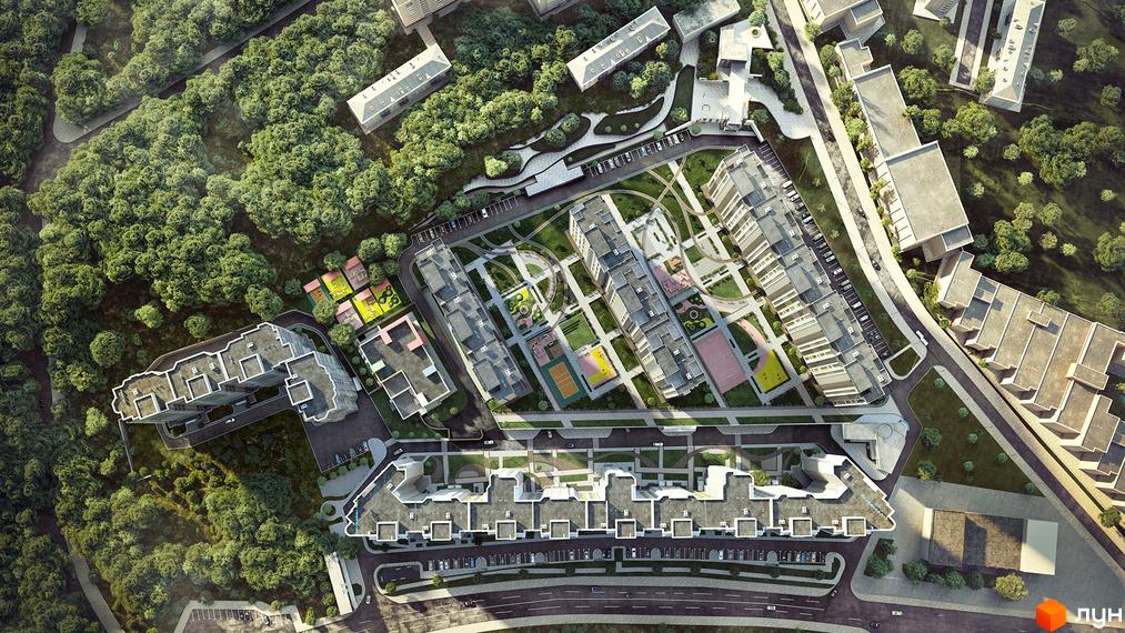 Житловий комплекс Голосіївська Долина - вид зверху на сучасні багатоквартирні будинки та зелену прибудинкову територію з дитячими майданчиками та зонами відпочинку.