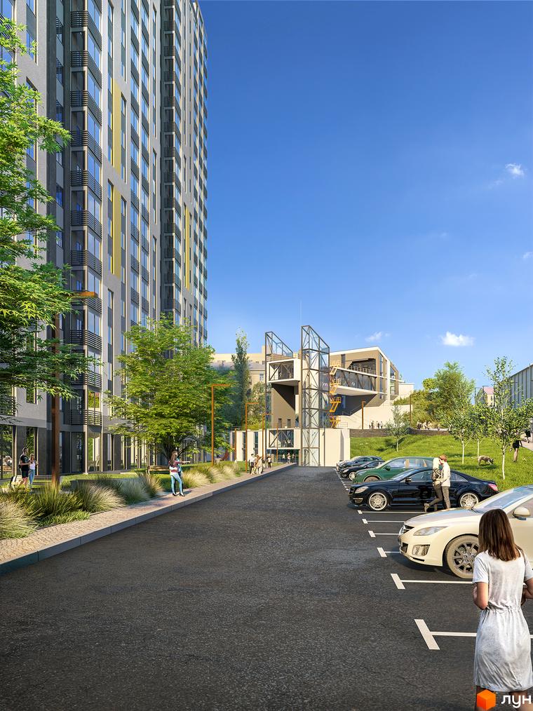 Житловий комплекс Голосіївська Долина: багатоповерховий будинок з балконами та паркуванням. Прибудинкова територія з деревами та пішохідними зонами.