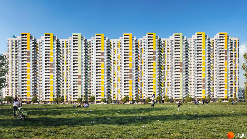 Житловий комплекс Голосіївська Долина: багатоповерхові будинки з яскравими жовтими та зеленими акцентами на фасаді. На прибудинковій території зелений газон та люди відпочивають.