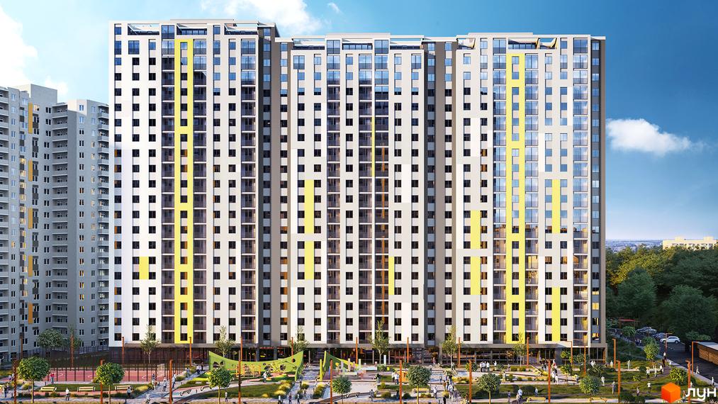 ЖК Голосіївська Долина: багатоповерхові будинки з біло-жовтими фасадами та численними вікнами. На території облаштовані дитячі майданчики та зони відпочинку.