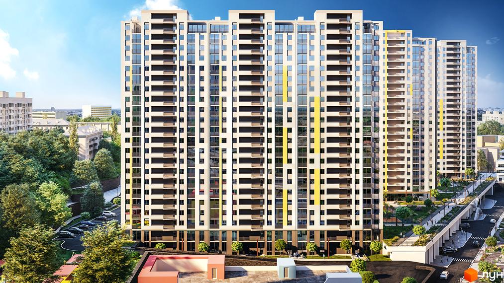 Житловий комплекс Голосіївська Долина – це висотні будинки з балконами та великими вікнами. Територія навколо комплексу озеленена деревами та має пішохідні зони.