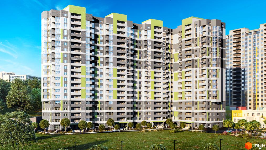 Житловий комплекс Голосіївська Долина – багатоповерховий будинок з яскравим фасадом та панорамними вікнами. Навколо комплексу – зелена прибудинкова територія з деревами та місцями для відпочинку.