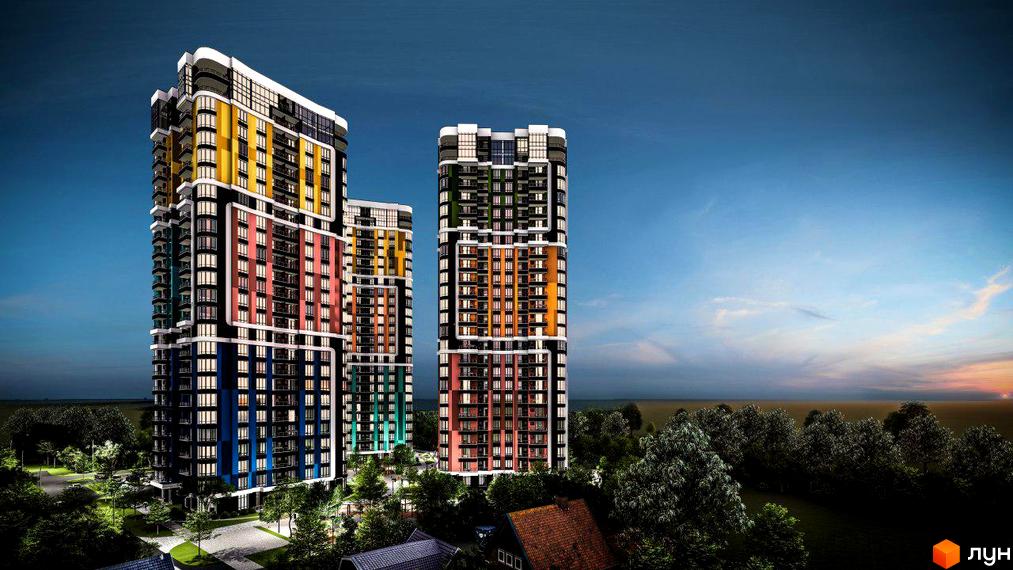 Житловий комплекс Абрикосовий: яскраві багатоповерхові будинки з різнокольоровими фасадами та скляними балконами. Навколо зелена територія з деревами та освітленням.