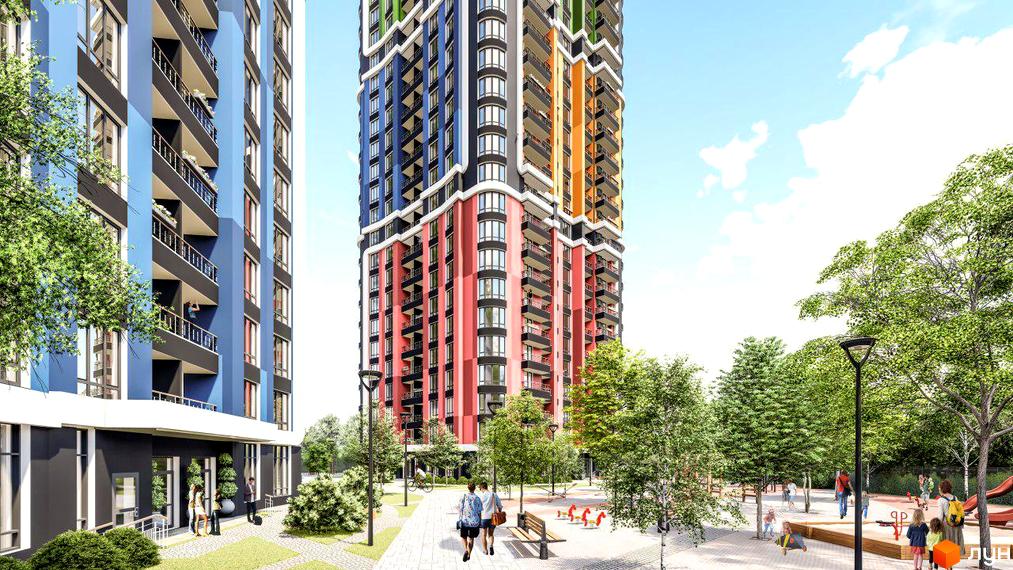 Житловий комплекс Абрикосовий: яскрава багатоповерхова новобудова з балконами та прибудинковою територією з дитячим майданчиком та зеленими насадженнями.