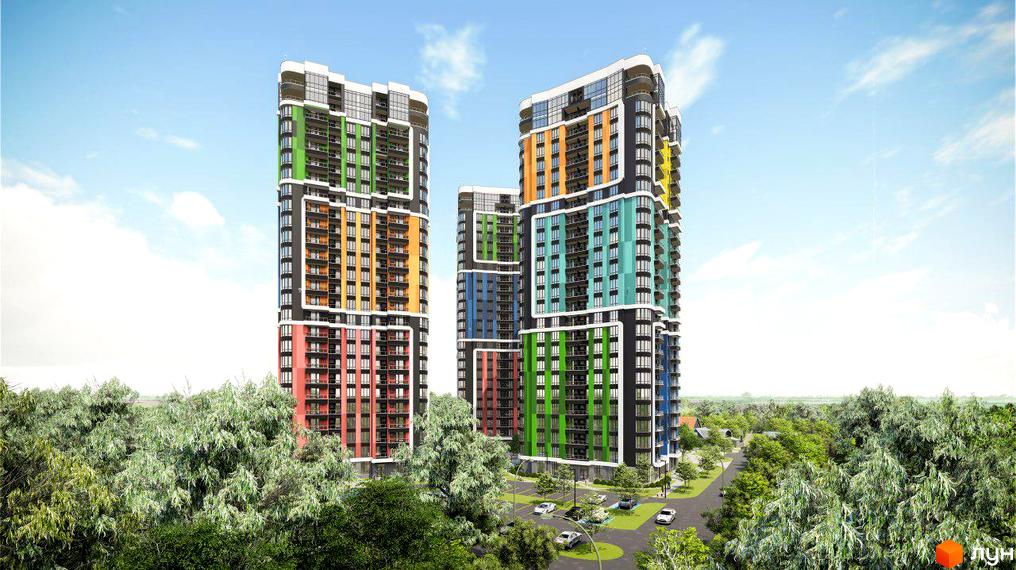 Житловий комплекс Абрикосовий: три висотні будинки з різнокольоровими фасадами та панорамними вікнами. Навколо зелена зона з деревами та автомобілями на парковці.