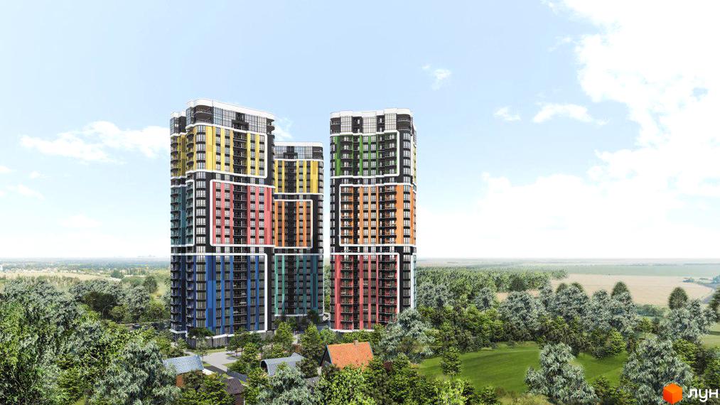 Житловий комплекс Абрикосовий: яскраві багатоповерхівки з різнокольоровими фасадами на тлі блакитного неба та зелені. Навколо комплексу - дерева та зелені насадження.