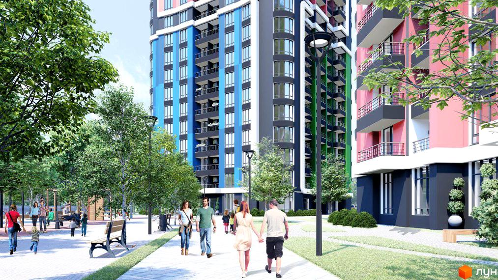 Зовнішній вигляд ЖК Абрикосовий: багатоповерхові будинки з яскравими фасадами та балконами. На прибудинковій території розташовані зелені насадження, пішохідні доріжки та дитячий майданчик.