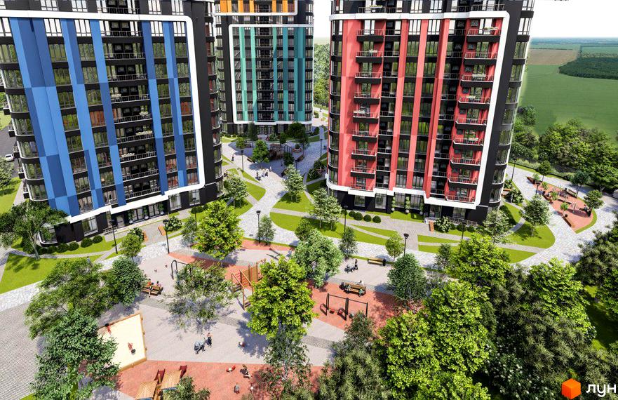 Житловий комплекс Абрикосовий: три багатоповерхові будинки з різнокольоровими фасадами (синій, зелений, червоний) та доглянута прибудинкова територія з дитячими майданчиками та зеленими зонами.