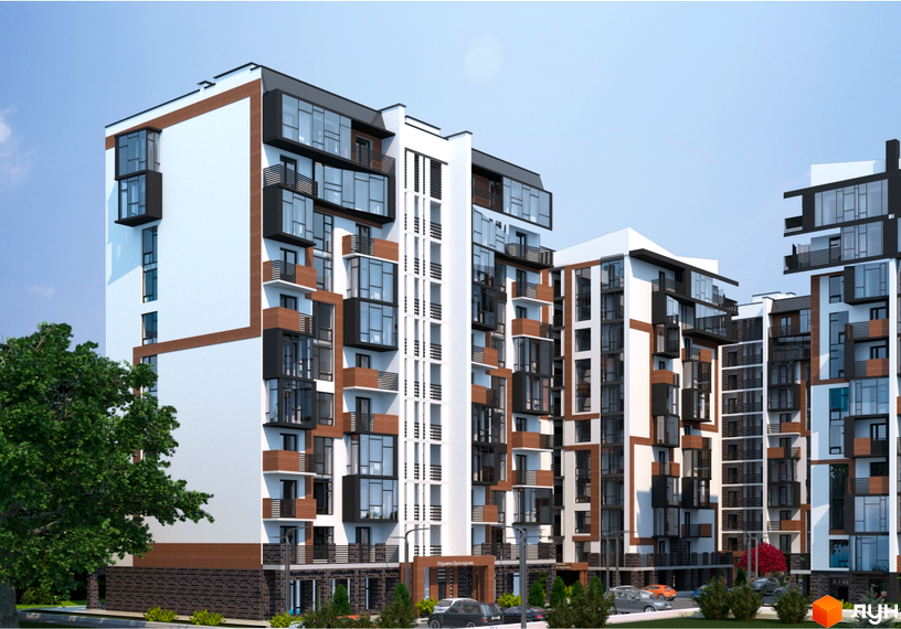 Зовнішній вигляд житлового комплексу Перлина Проскурова з фасадами білого та коричневого кольору, великими вікнами та балконами. Навколо комплексу зелені насадження та припарковані автомобілі.