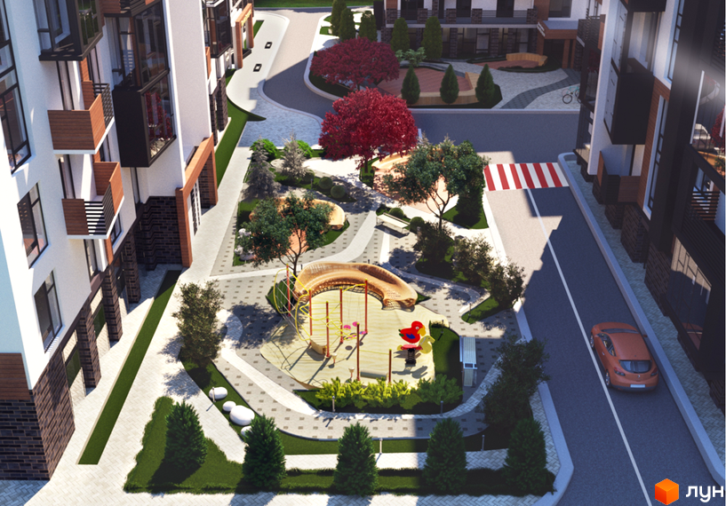 Житловий комплекс Перлина Проскурова. Зовнішній вигляд будинків та прибудинкова територія з дитячим майданчиком та зонами відпочинку.