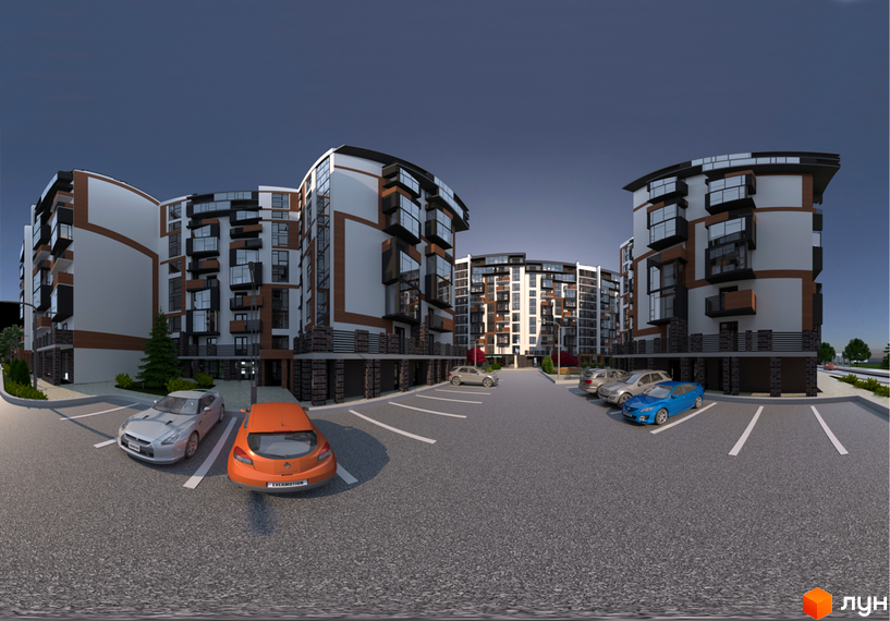 Житловий комплекс Перлина Проскурова з вигнутими фасадами та скляними балконами. Прибудинкова територія з парковкою та автомобілями.