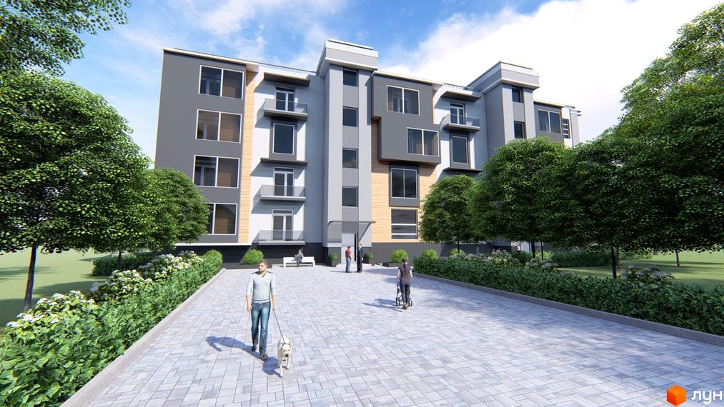 Зовнішній вигляд будинку ЖК Сучасний з сірим фасадом та великими вікнами. На передньому плані бруківка та зелені насадження.