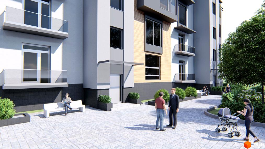 Фасад житлового комплексу з балконами та великими вікнами. На прибудинковій території розташовані лавки, дерева та дитяча коляска.