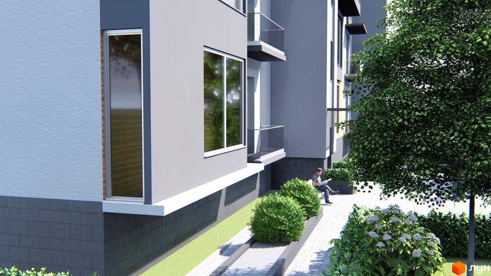 Зовнішній вигляд будинку ЖК Сучасний з вікнами та балконами, прибудинкова територія з деревами та кущами.