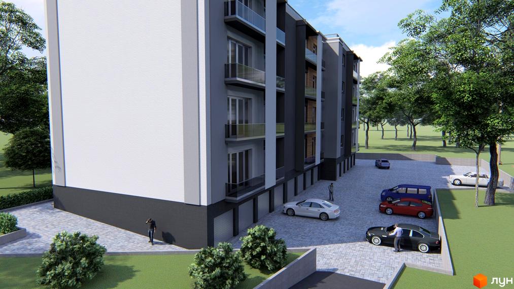 Зовнішній вигляд чотириповерхової новобудови з балконами та паркінгом. На прибудинковій території розташовані дерева та припарковані автомобілі.