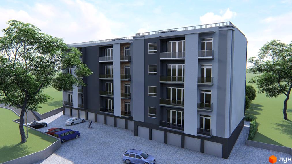 Багатоповерхова новобудова з темним фасадом та скляними балконами. На території комплексу є парковка для автомобілів та зелені насадження.