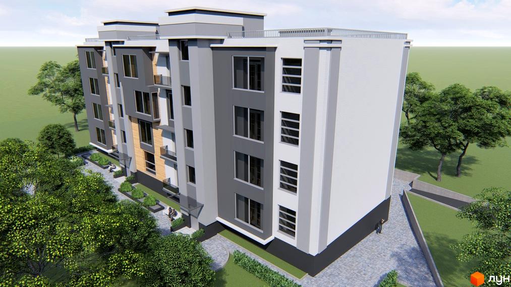 Зовнішній вигляд новобудови ЖК Сучасний з сірими та білими фасадами, великими вікнами та балконами. Прибудинкова територія з деревами та ландшафтним дизайном.