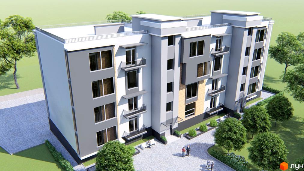 Зовнішній вигляд триповерхового житлового комплексу з сірими фасадами та великими вікнами, прибудинкова територія з деревами та місцями для відпочинку.