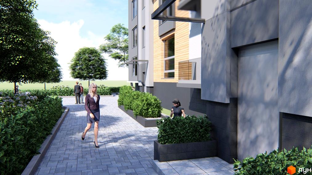 Зображення фасаду будівлі житлового комплексу з сірими та дерев'яними панелями. На передньому плані доглянута прибудинкова територія з бруківкою та зеленими насадженнями.
