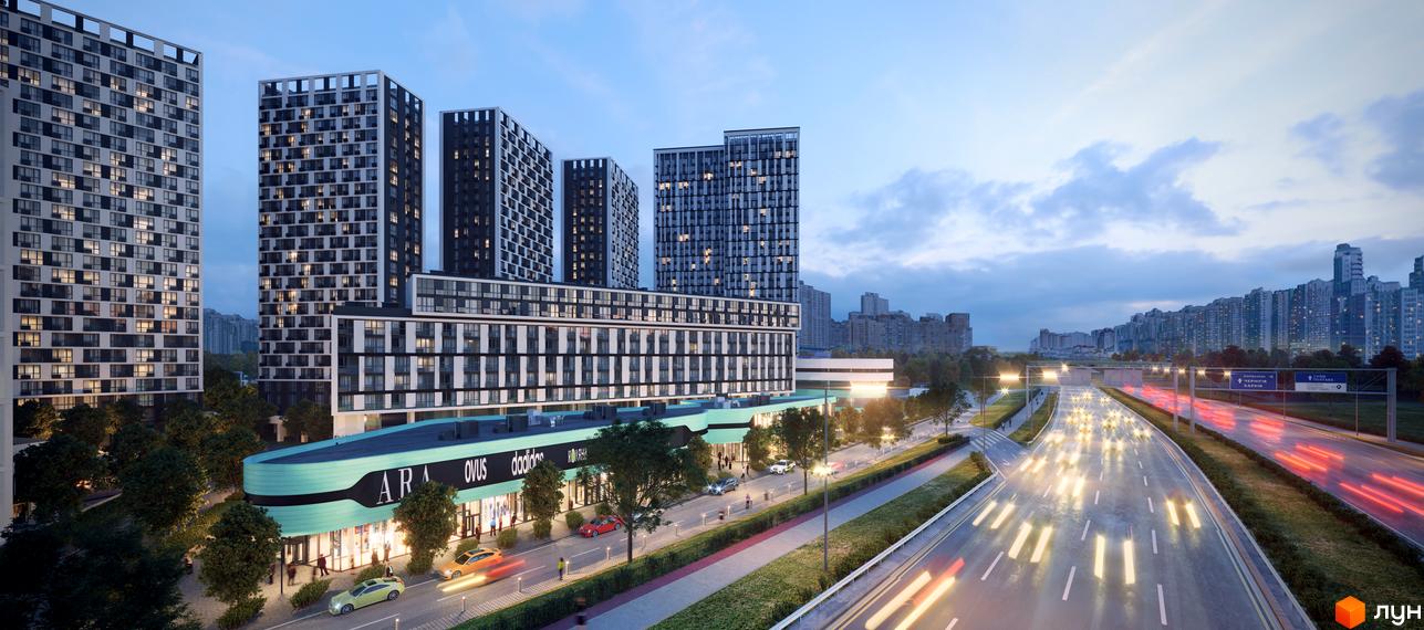 Житловий комплекс Славутич 2.0 – це сучасна новобудова з висотними будинками та комерційними приміщеннями на перших поверхах. Територія комплексу озеленена деревами, а поруч проходить багатосмугова дорога з автомобілями.