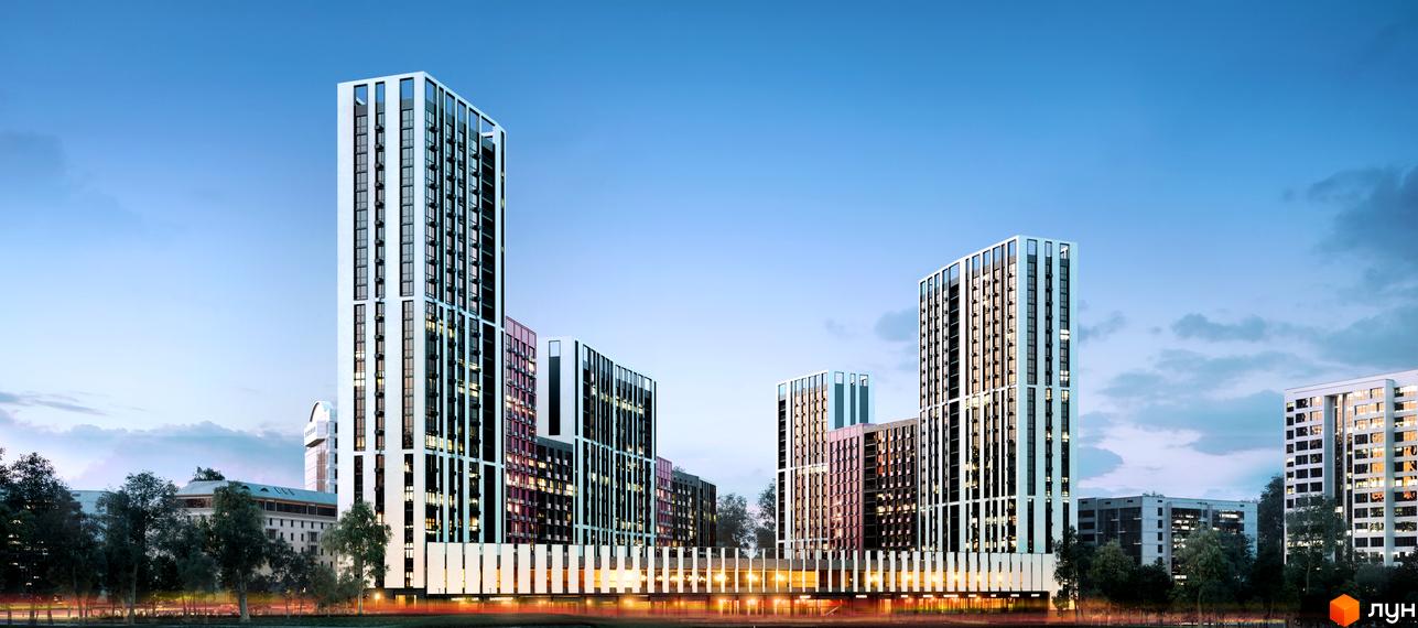Зображення комплексу Start з високими будинками та великою кількістю вікон. Новобудова з прибудинковою територією та освітленням.