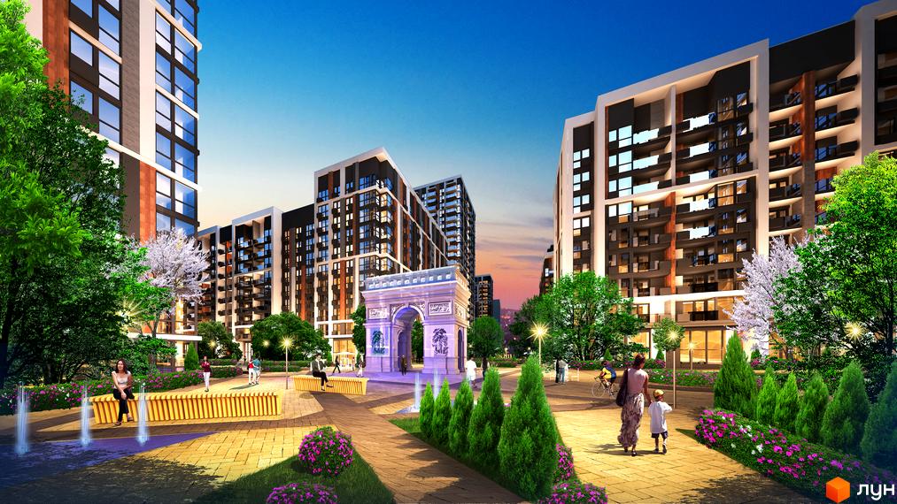 Житловий комплекс Французький квартал 2. Сучасні багатоповерхові будинки з панорамними вікнами та доглянутою прибудинковою територією з аркою та зеленими насадженнями.