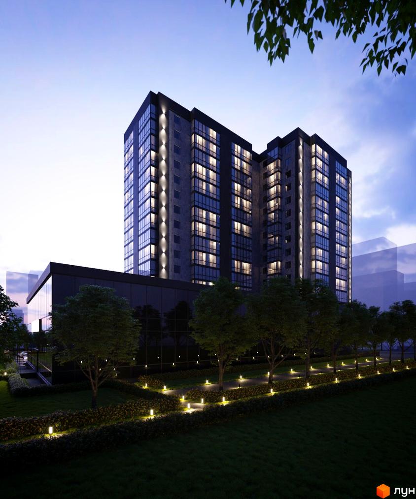 Житловий комплекс Центральний – двосекційна висотна новобудова з панорамним склінням та підсвіченими фасадами, оточена доглянутою прибудинковою територією з алеями та освітленням.