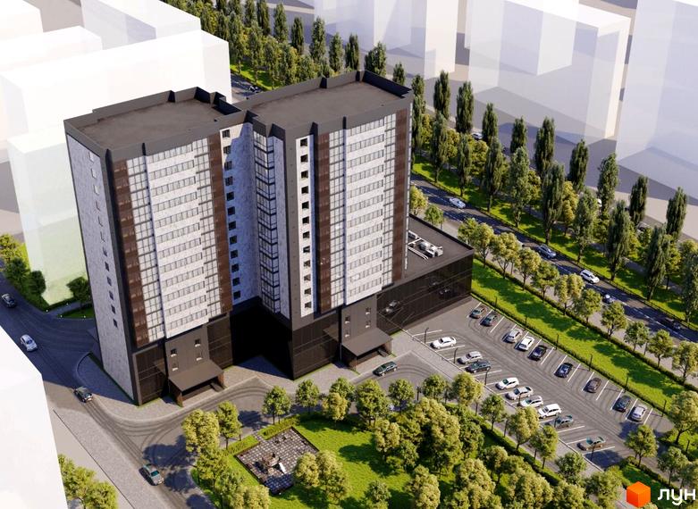 Зовнішній вигляд житлового комплексу Центральний з багатоповерховими будинками та прибудинковою територією з деревами та парковкою. Огляд новобудови.