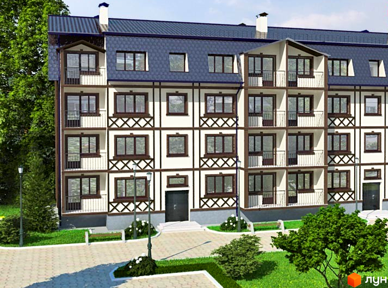 Зовнішній вигляд житлового комплексу Славгородський з балконами та великими вікнами. Прибудинкова територія з зеленими насадженнями та доріжками.