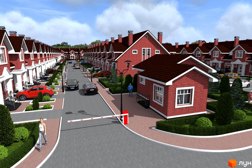 Котеджне містечко Вишневий: фасади цегляних будинків з червоним дахом та доглянута прибудинкова територія з зеленими насадженнями та дорогою.