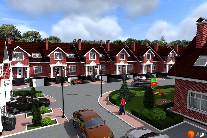 Зображення житлового комплексу КМ Вишневий. Червоні цегляні будинки з білими вікнами та дахами. На території є парковка, дитячий майданчик та зелені насадження.