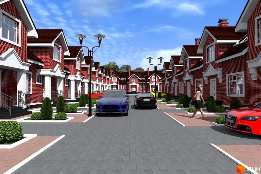 Ряд цегляних будинків з коричневими дахами у Котеджному містечку Вишневий, з брукованою дорогою та доглянутою прибудинковою територією.