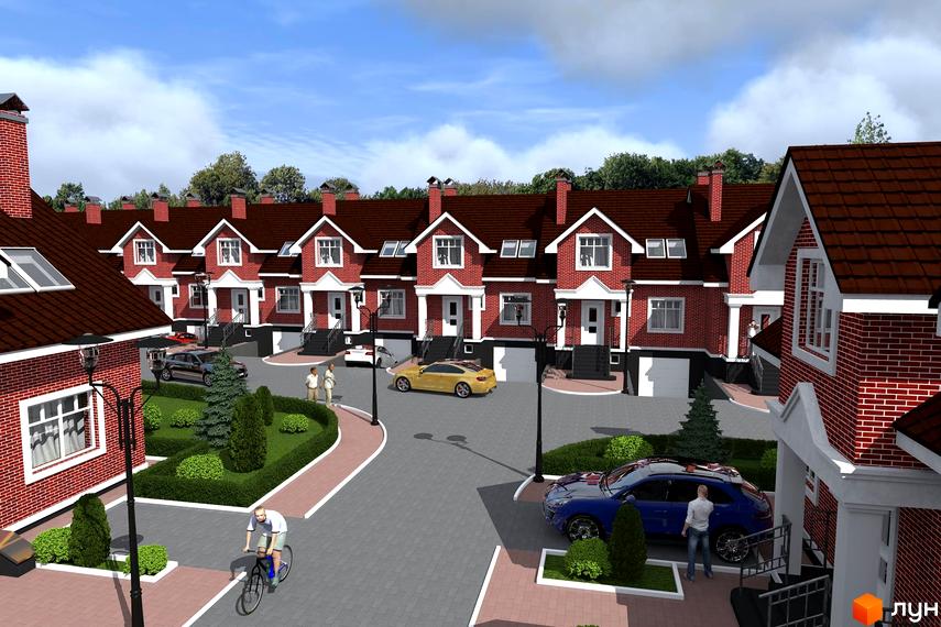 Котеджне містечко Вишневий: цегляні будинки з коричневою черепицею, облаштована прибудинкова територія з зеленими насадженнями, парковкою та ліхтарями.