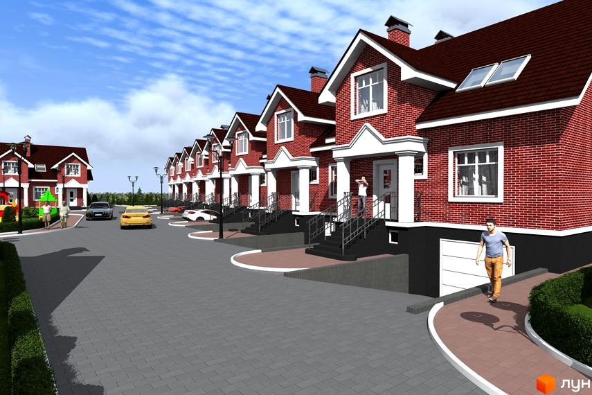 Зображення сторінки житлового комплексу КМ Вишневий. Ряд двоповерхових будинків з червоної цегли з окремими входами, сходами та невеликою прибудинковою територією.