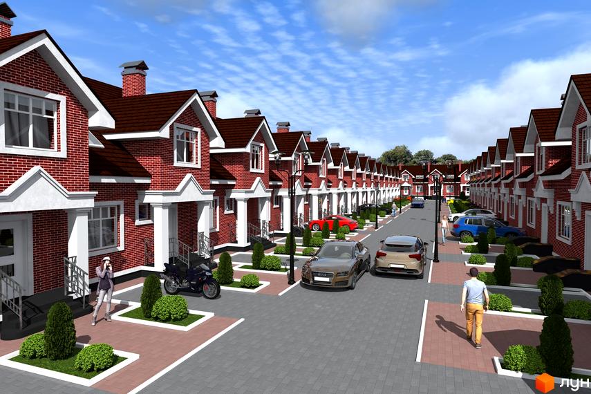 Котеджне містечко КМ Вишневий: фасади будинків з червоної цегли та облаштована прибудинкова територія з автомобілями та пішохідними доріжками.