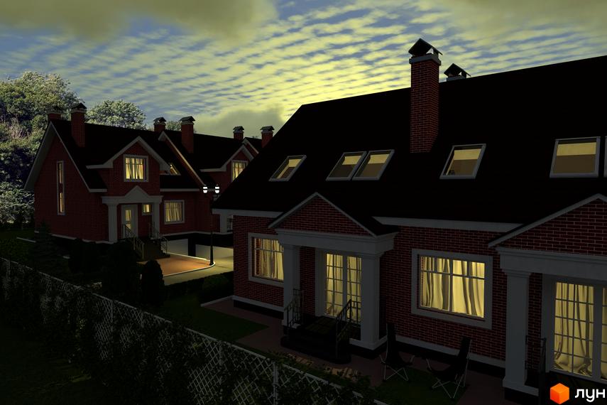 Котеджне містечко КМ Вишневий. Цегляні будинки з темними дахами та вікнами, що світяться, розташовані на доглянутій прибудинковій території з парканом.