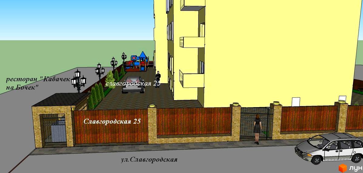 Зовнішній вигляд житлового комплексу Славгородський з прибудинковою територією, дитячим майданчиком та парковкою.