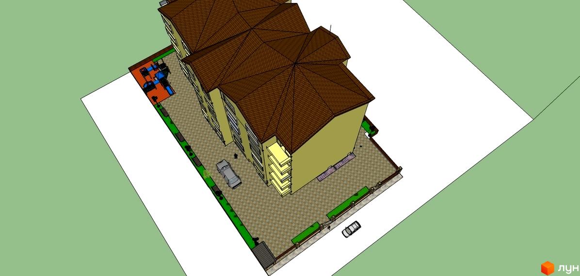 Зовнішній вигляд житлового комплексу Славгородський з багатоповерховим будинком та прибудинковою територією з дитячим майданчиком.