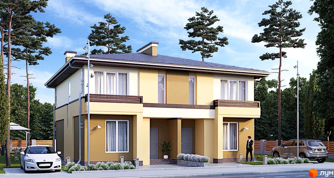 Зображення сторінки житлового комплексу Grand Residence 2: двоповерховий будинок з терасою, біля будинку припарковані автомобілі, зелені насадження.