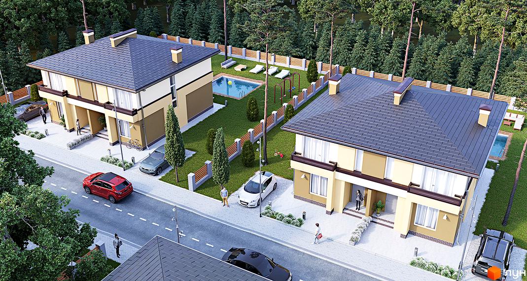Зовнішній вигляд дуплексів Grand Residence 2 з басейном та зоною відпочинку. Оглядовий вид на житловий комплекс з машинами та людьми.