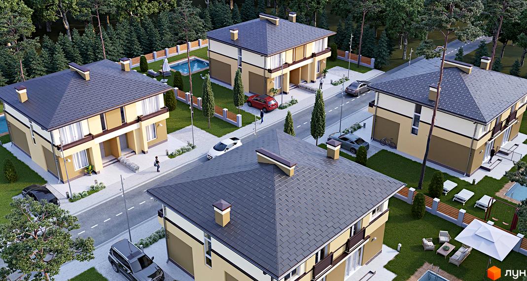 Двоповерхові будинки в Grand Residence 2 з темною черепицею на даху, гаражами та доглянутою прибудинковою територією з басейном та зеленими насадженнями.