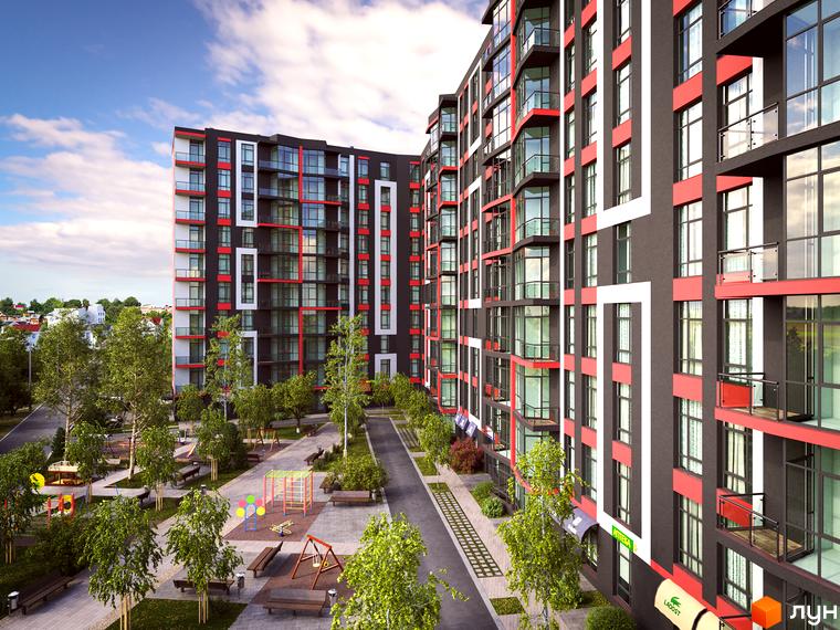 Зовнішній вигляд новобудови ЖК Sonata з червоними та білими елементами на фасаді та прибудинковою територією з дитячими майданчиками та деревами.