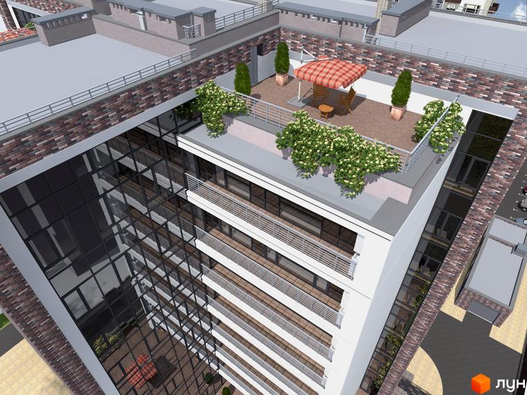 Зовнішній вигляд житлового комплексу Central Park з терасою на даху, зеленню та меблями. Опис новобудови з багатьма поверхами та скляними фасадами.